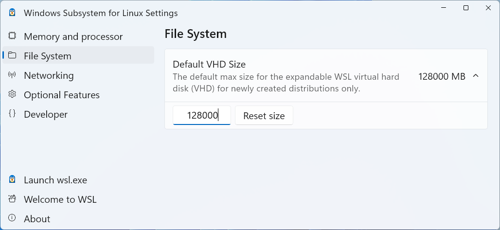 wsl settings filesystem size